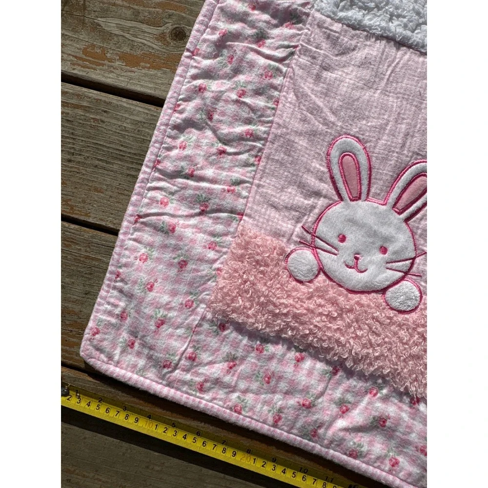 Handmade Pink Gingham Bunny Patchwork Baby Quilt Floral Embroidered Blanket
